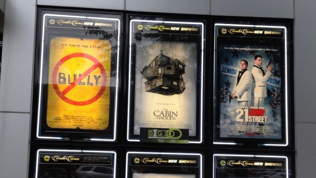 Movie theater marquee showing Bully playing in theaters