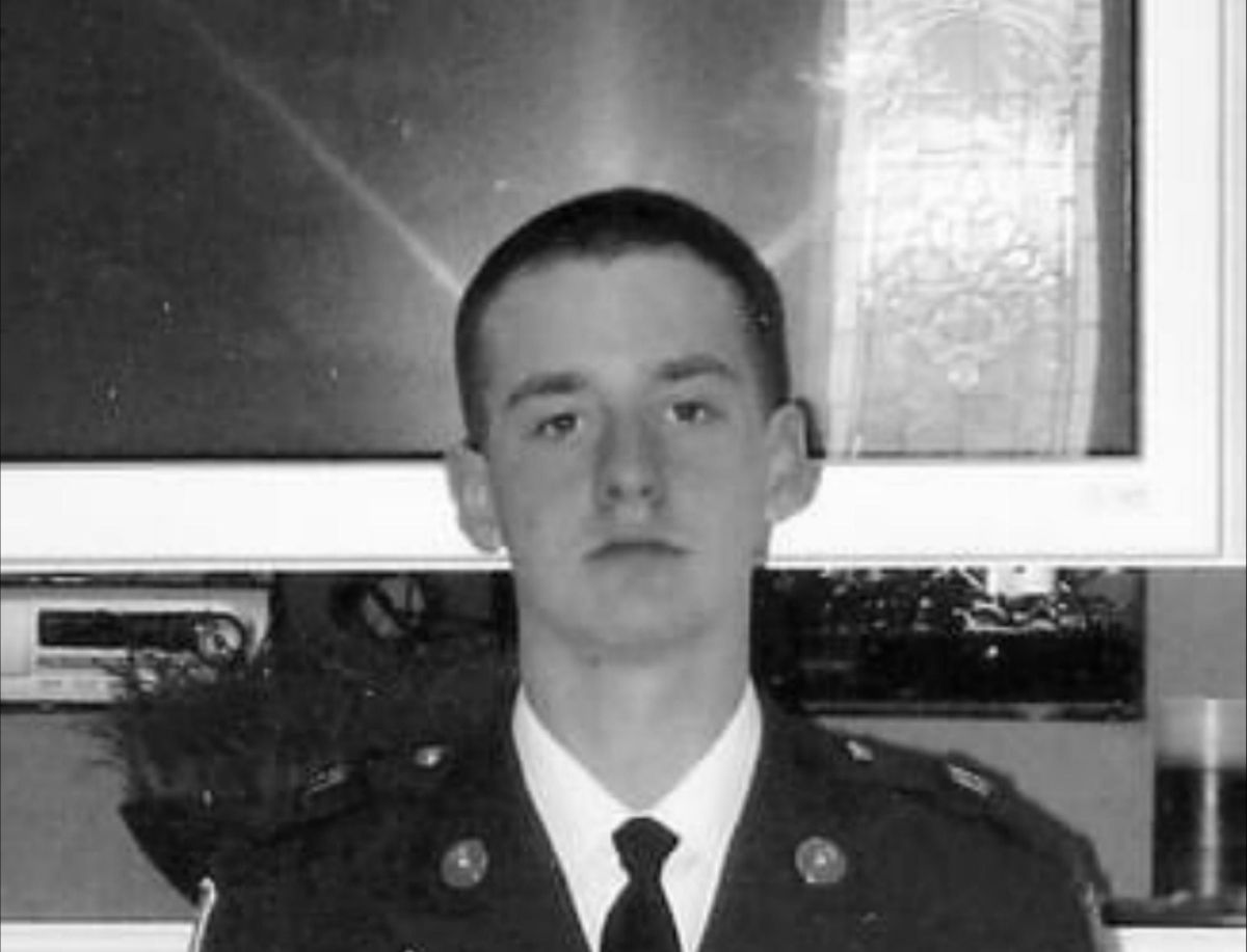 Tyler Long in his JROTC dress uniform, black and white portrait